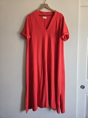 Poetry V-Neck Shirt Dress Size 14 Red Hemp Organic Cotton Lagenlook Boho Coastal